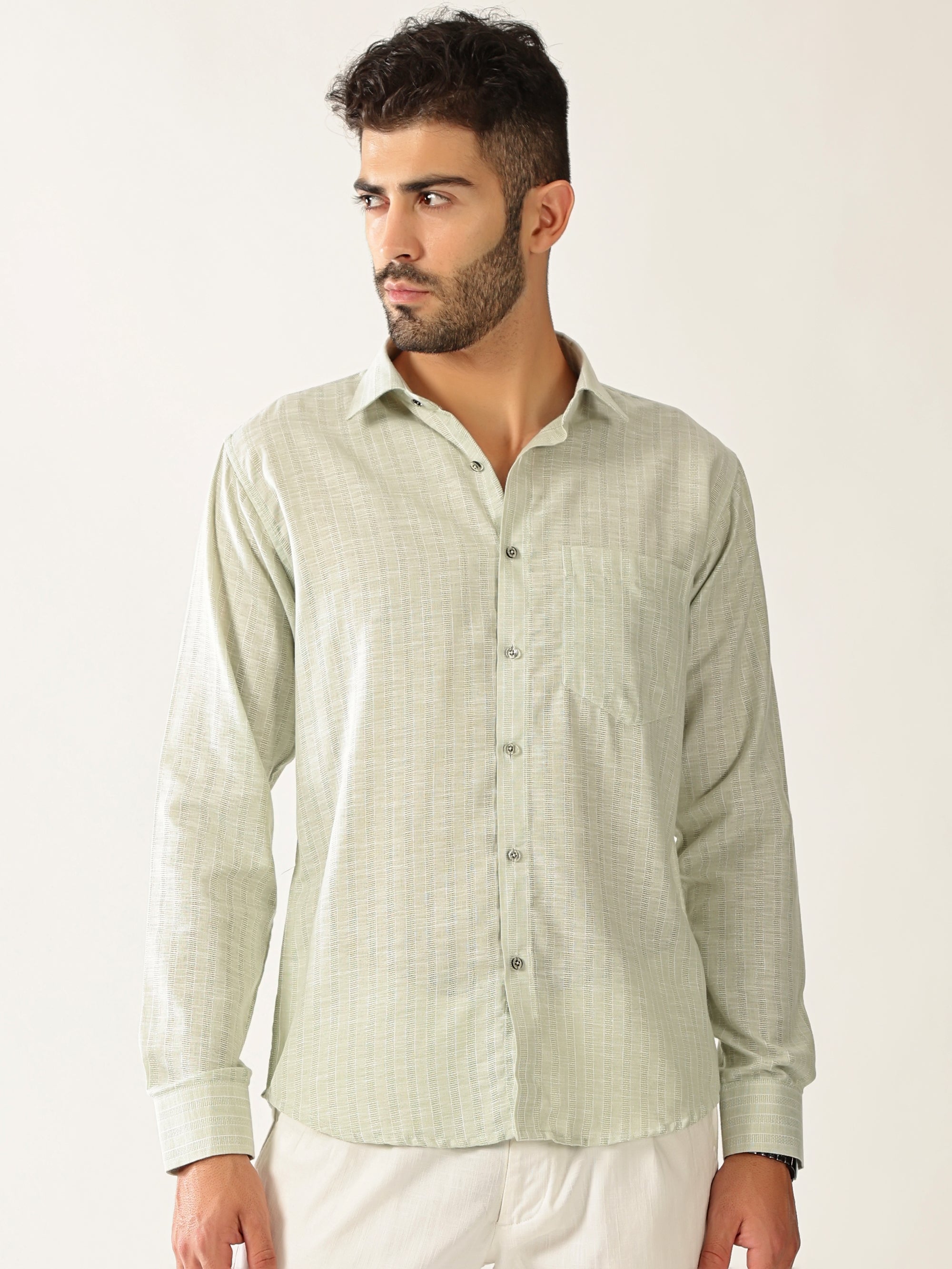Linen Cotton Formal Stripe Pastel Green Men’s Shirt