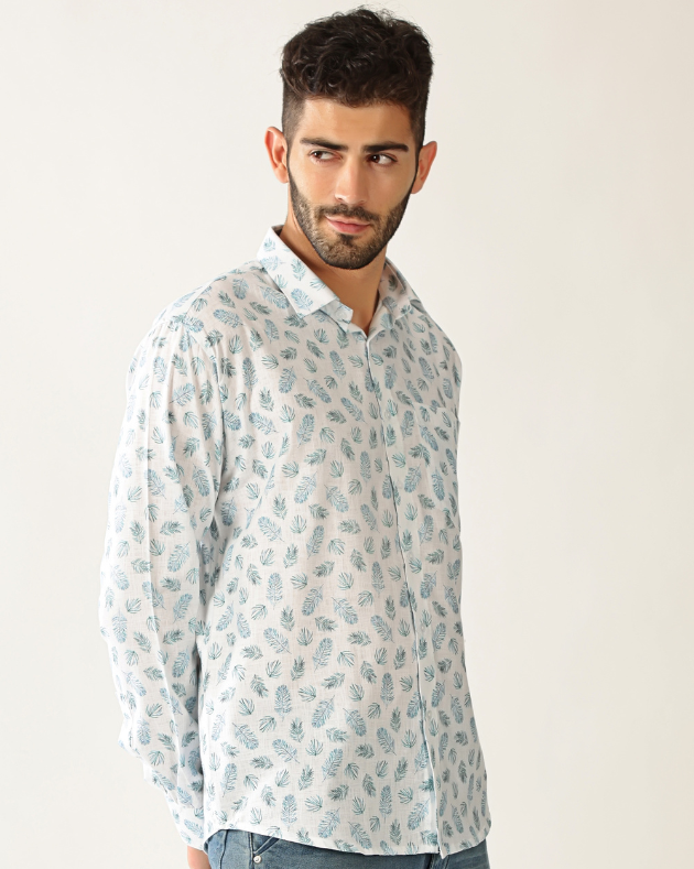 Linen White with Rama Green Print Shirt for Men