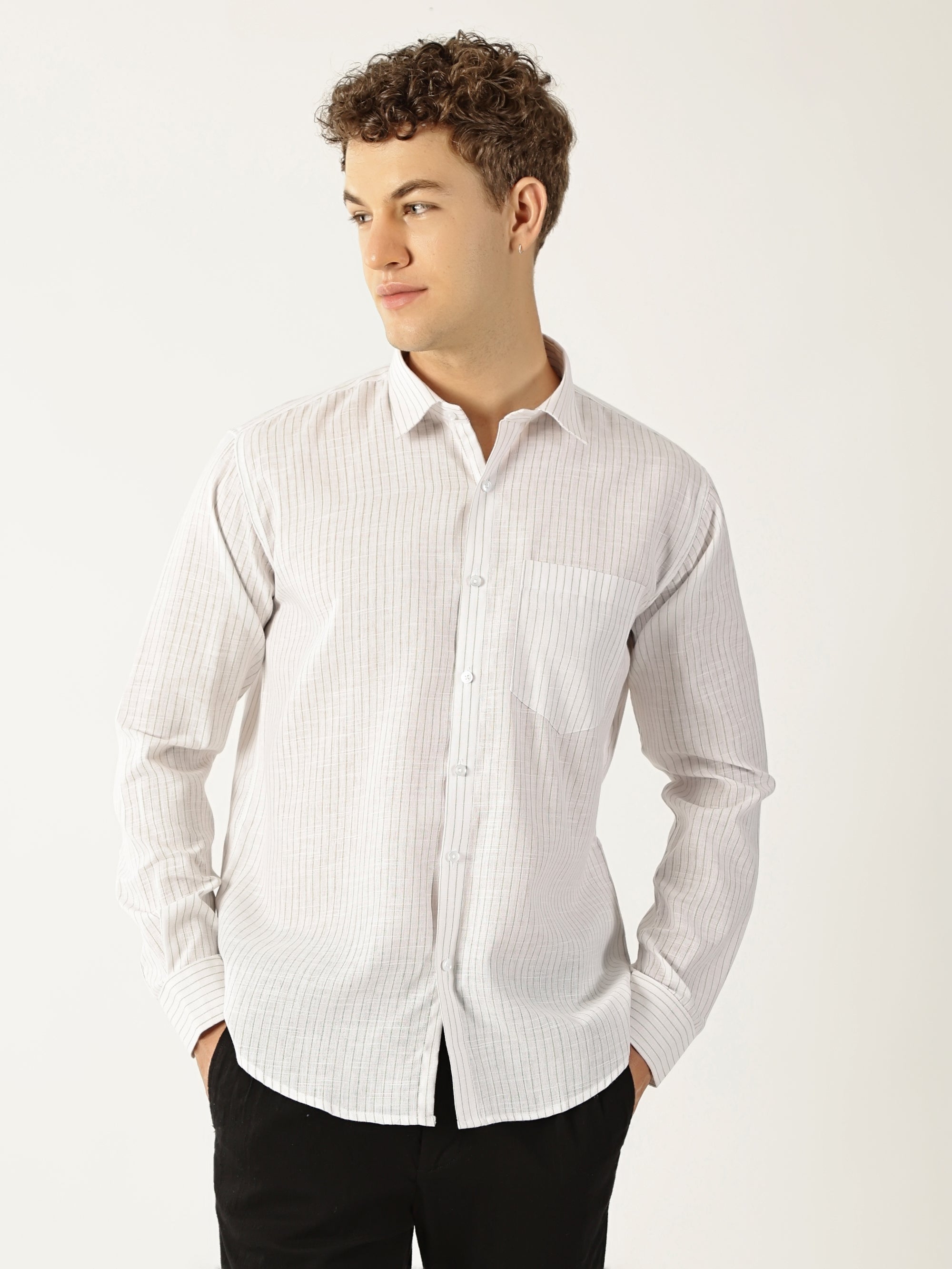 Linen Vertical Small Stripe White With Green Men’s Shirt