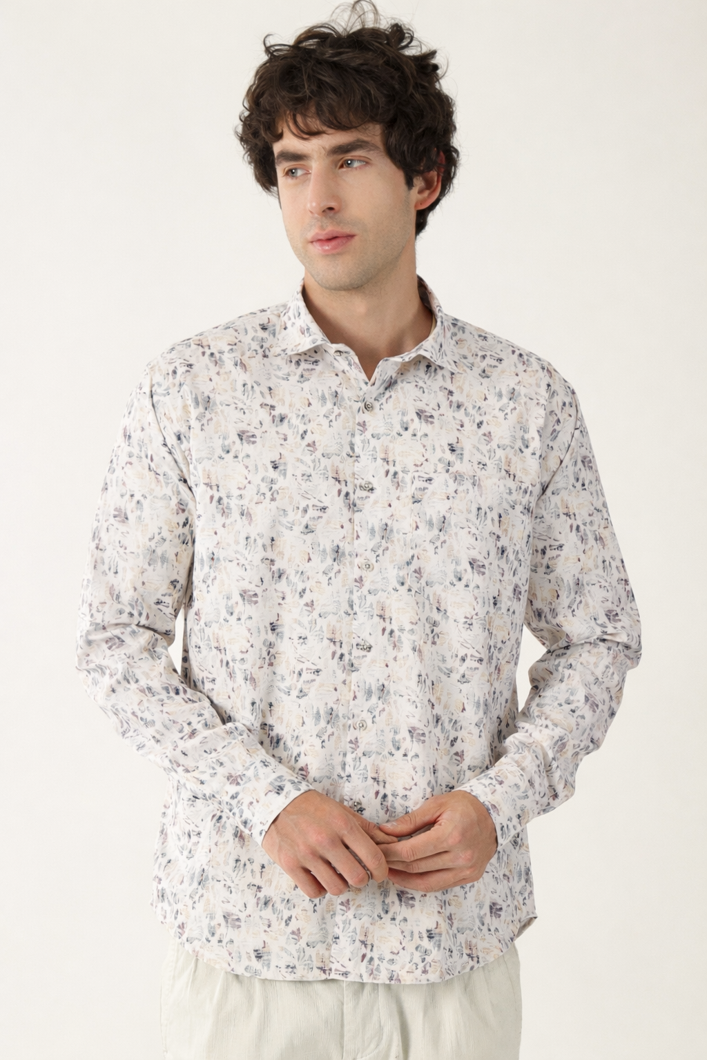 Giza Cotton Leaf Print White With Brown Black Mix Men’s Shirt