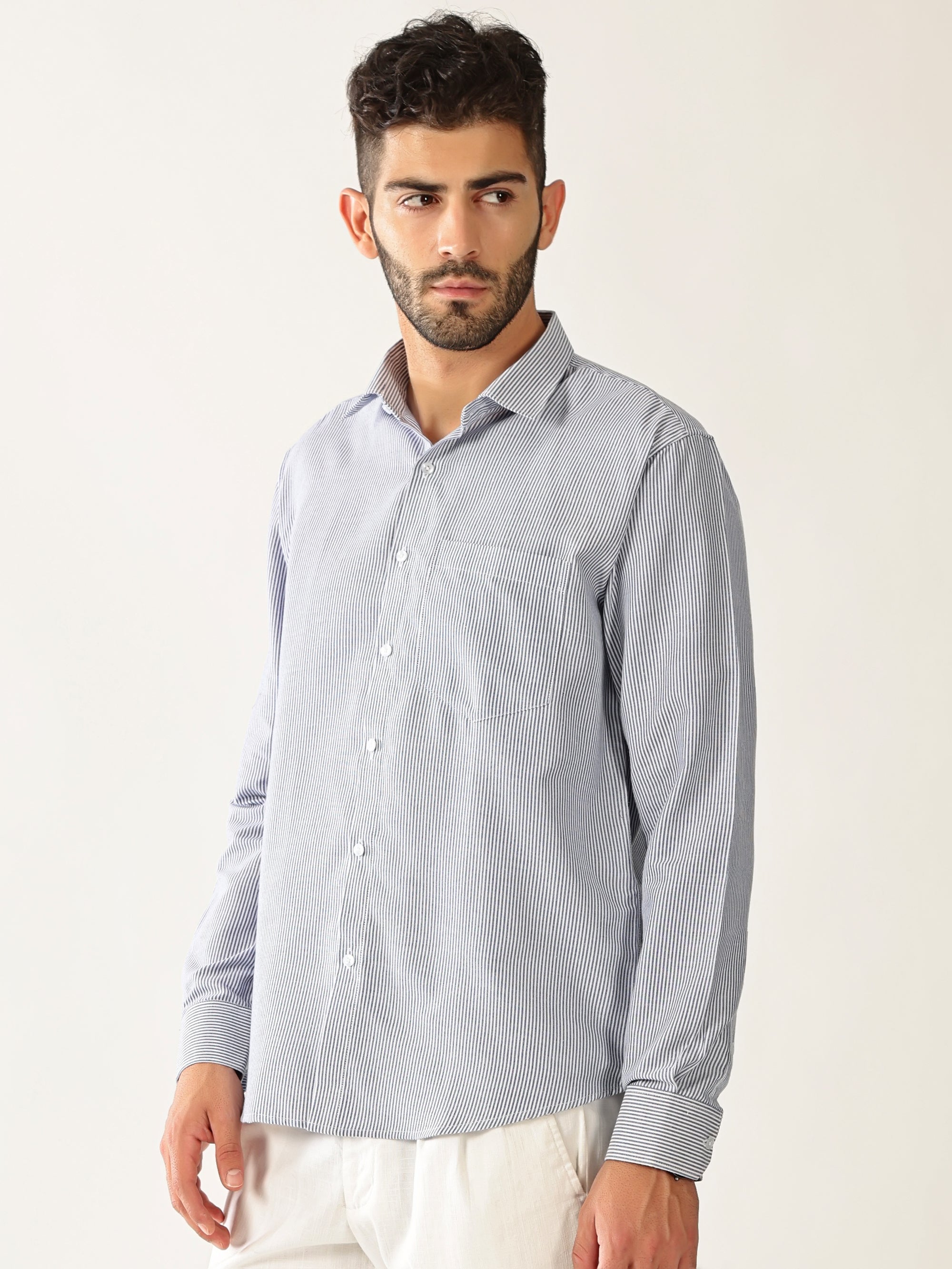 Cotton Small Stripe Blue With White Men’s Shirt