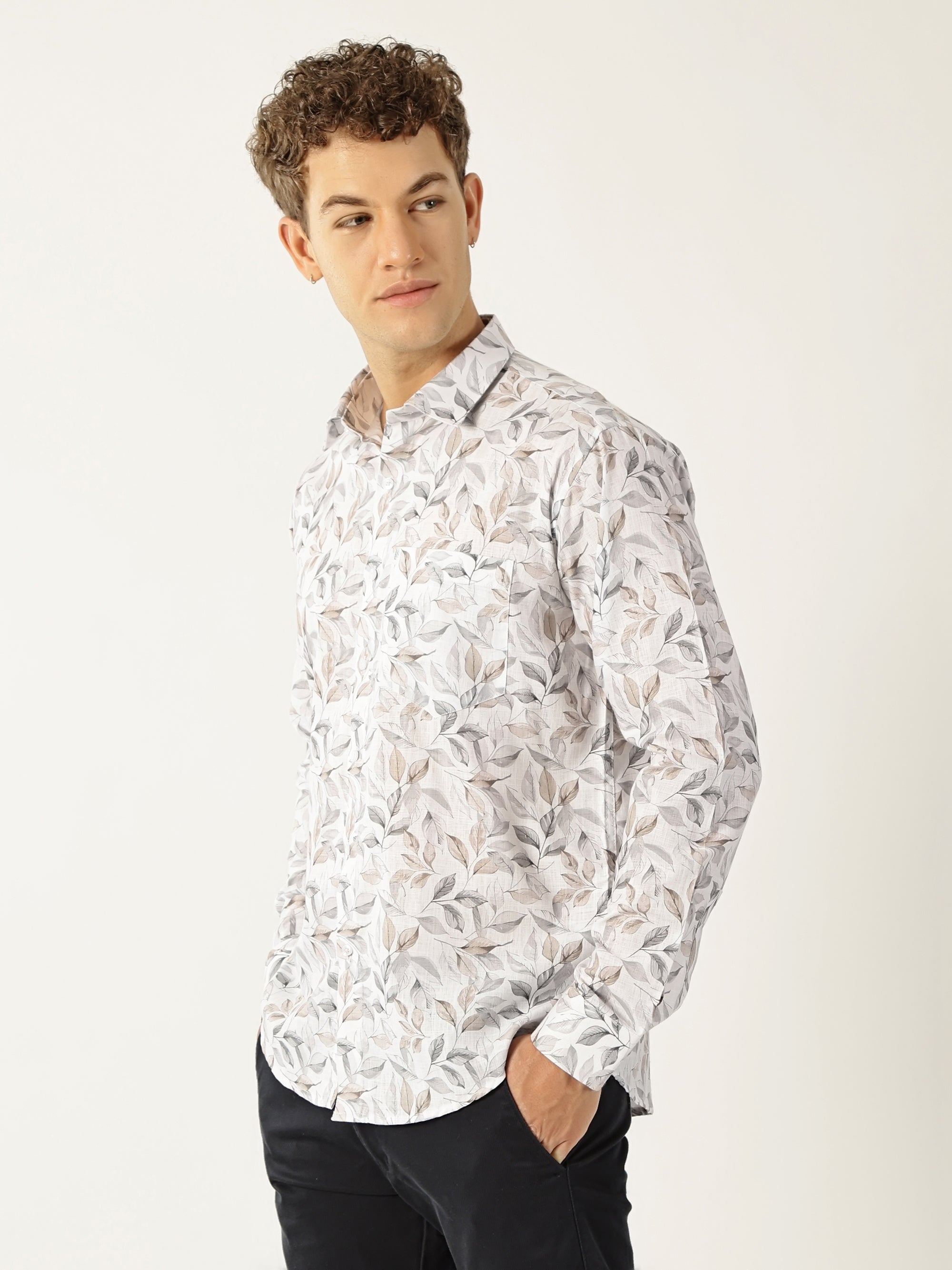 Linen White with Grey Brown Abstract Print Shirt for Men