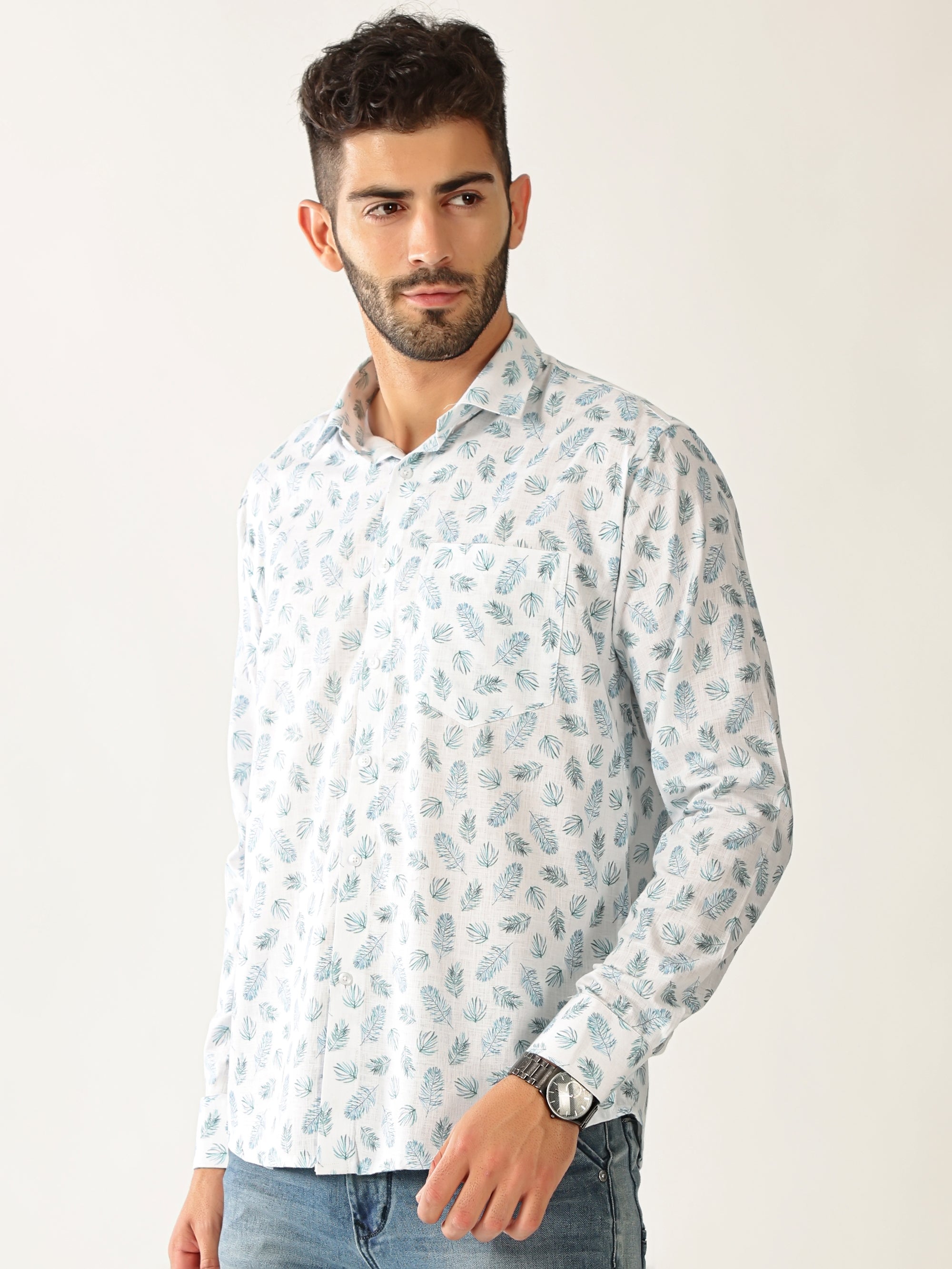 Linen Print White With Rama Green Colour