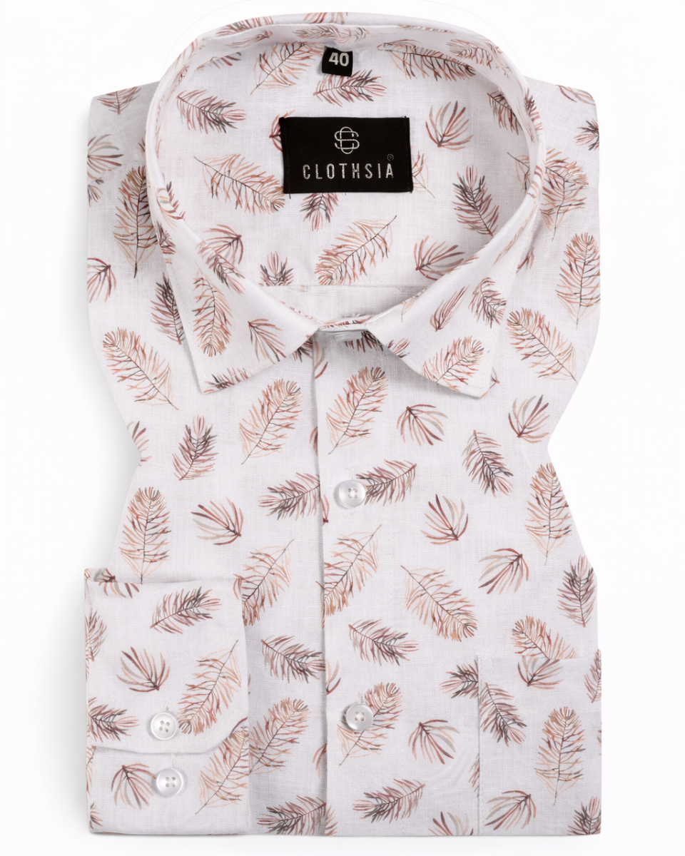 Giza Cotton Leaf Print White with Brown Men Shirts