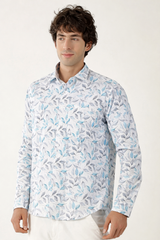 Linen White with Sky Grey Abstract Print Shirt for Men