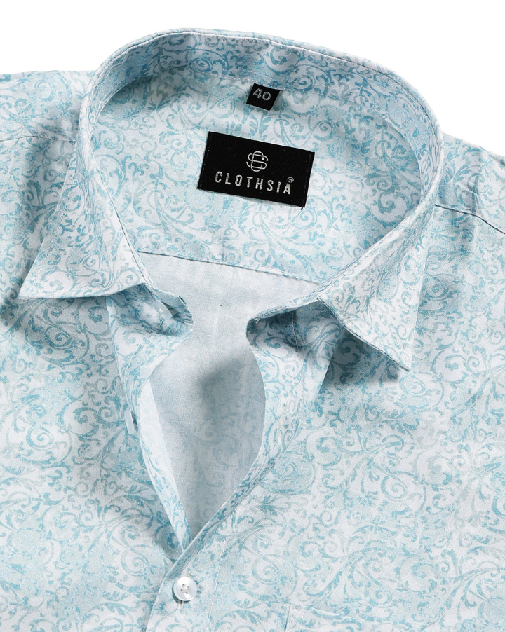 Giza Cotton Heritage Print Sky With White Mix Men Shirt