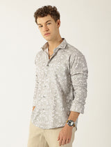 Linen Dusty Brown Botanical Leaf Print Shirt for Men