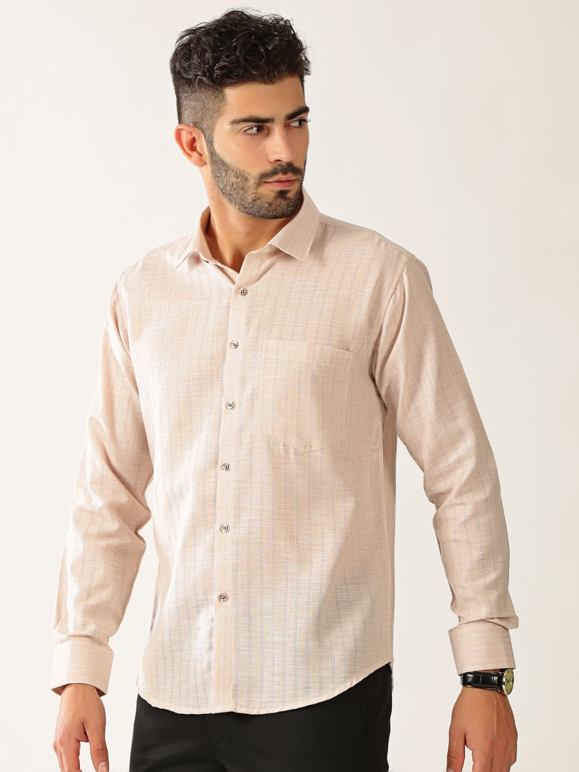 Linen Cotton Formal Stripe Peach Colour Men’s Shirt