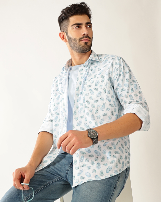Linen White with Rama Green Print Shirt for Men