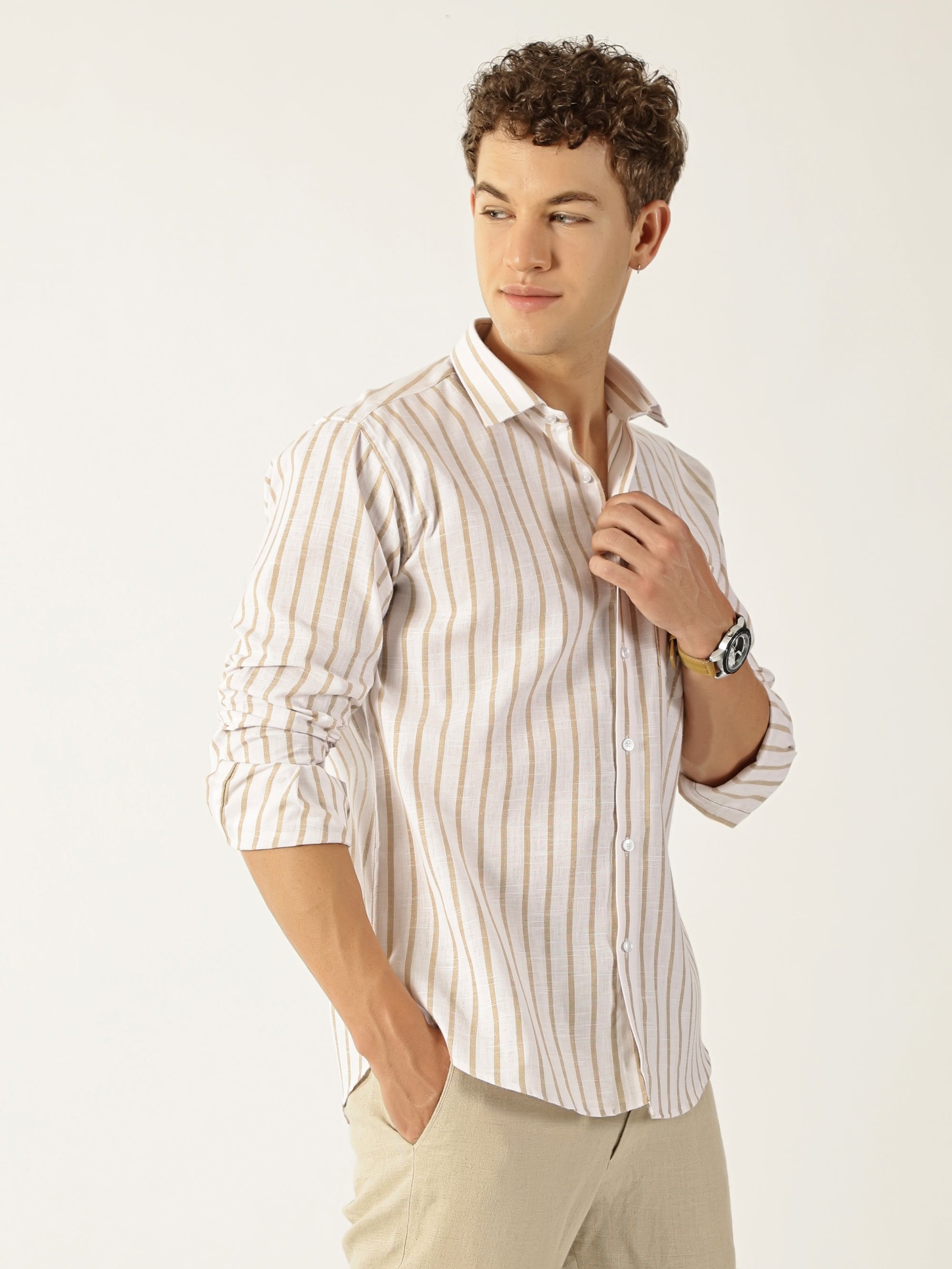 Vertical Stripe White With Beige Colour Men’s Shirt