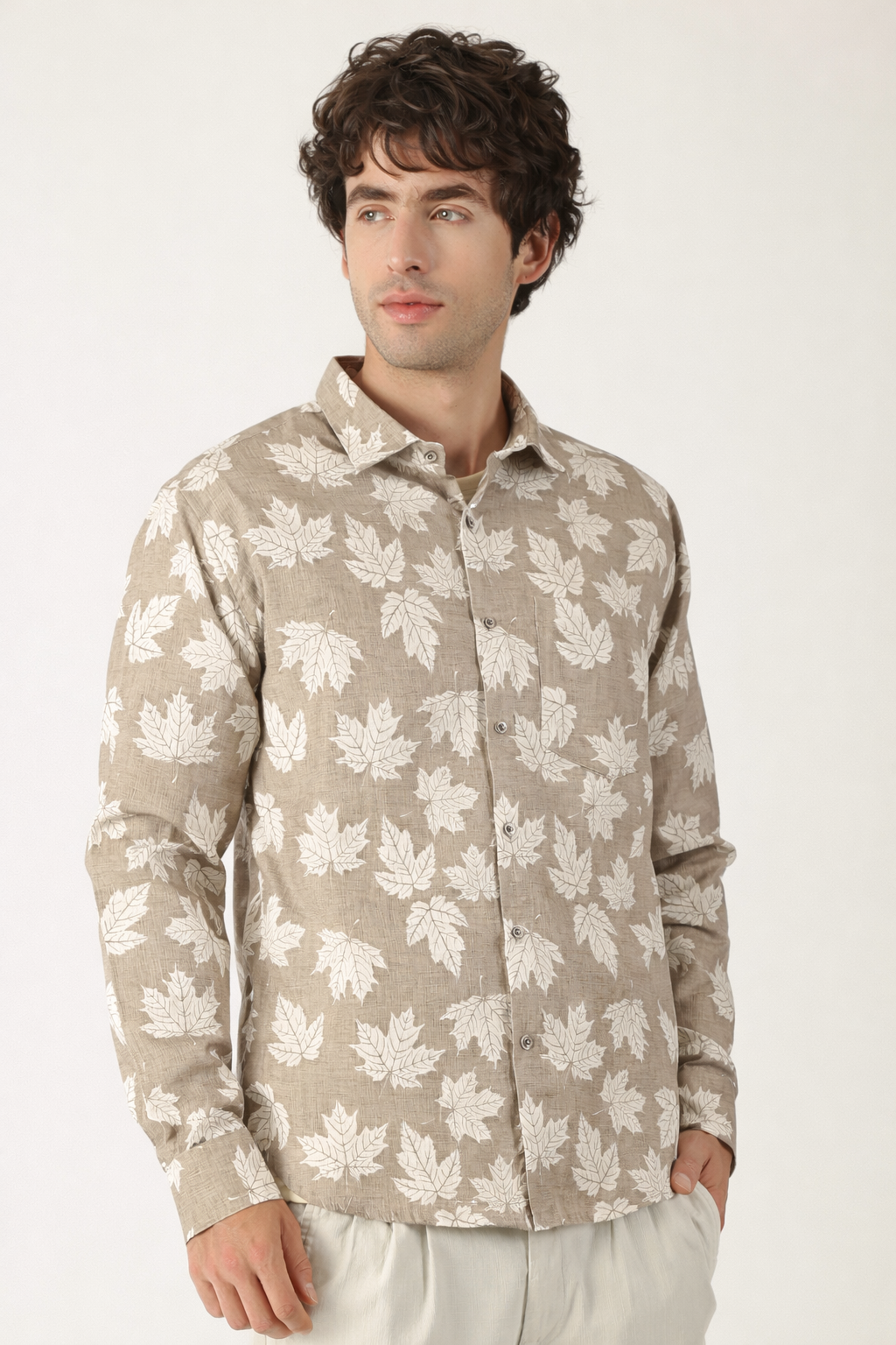 Botanical Leaf Print Cream With Fawn Colour Men’s Shirt
