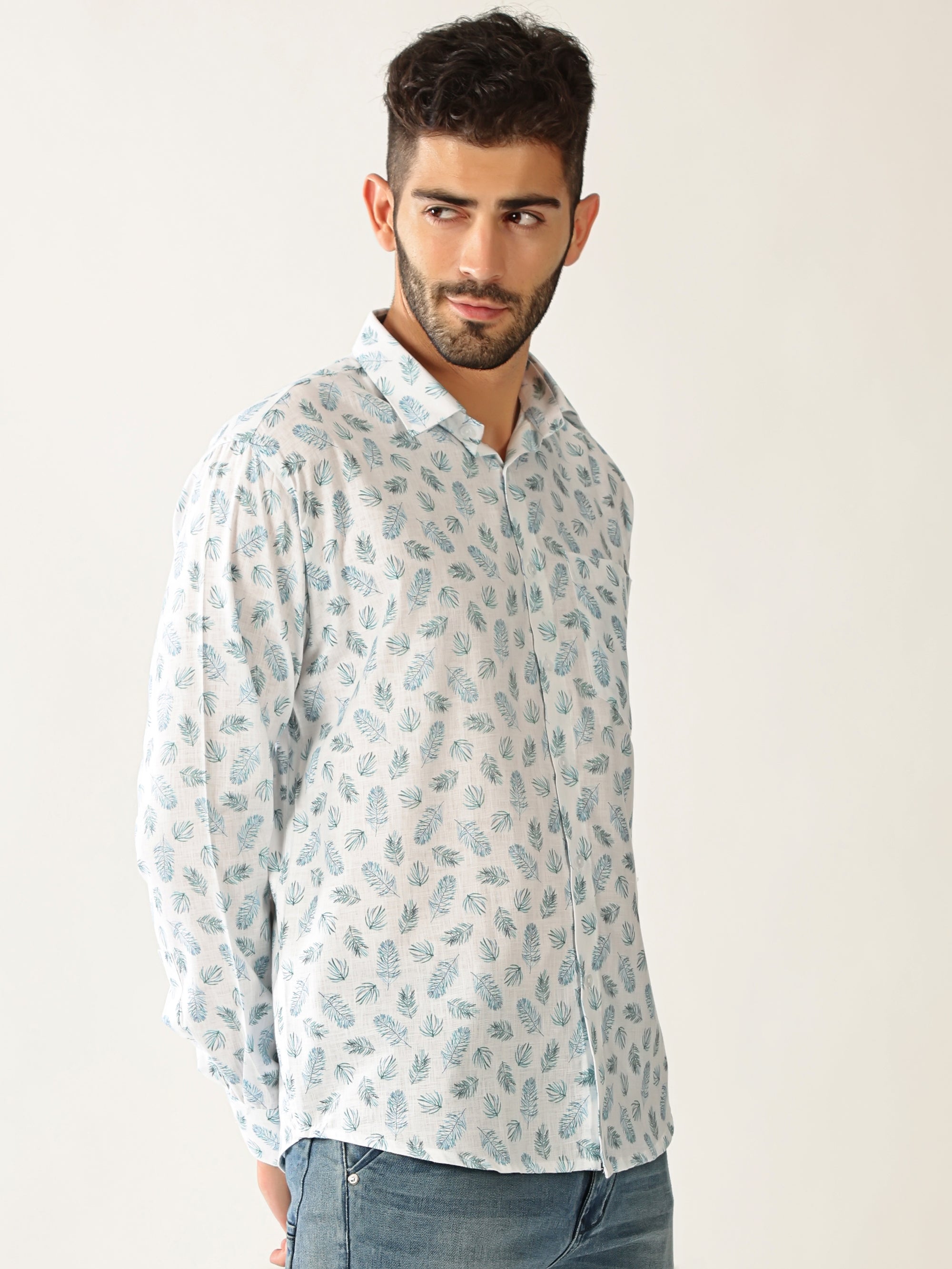 Linen Print White With Rama Green Colour