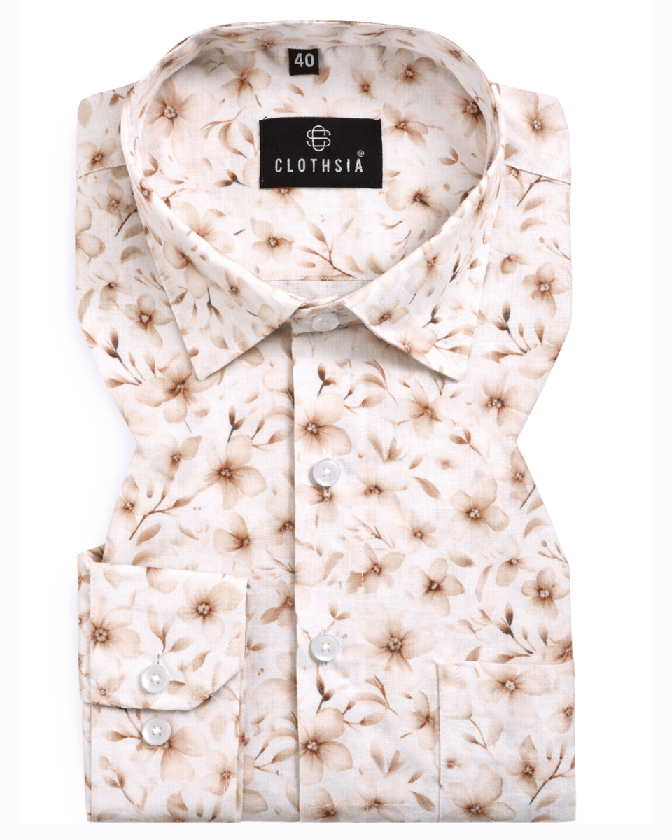 Giza Cotton Floral Print White with Camel Beige Colour Men Shirts