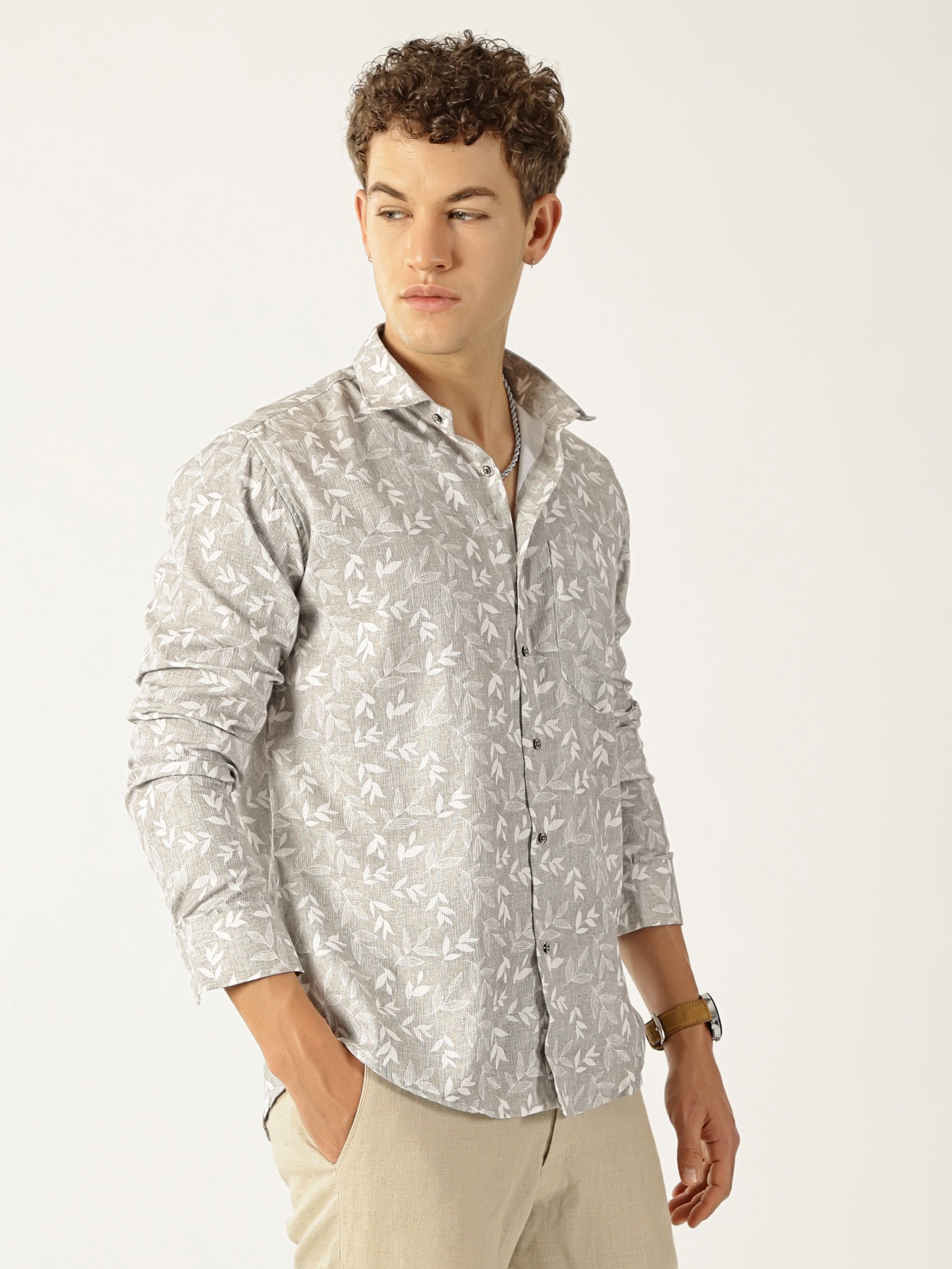 Linen Dusty Brown Botanical Leaf Print Shirt for Men