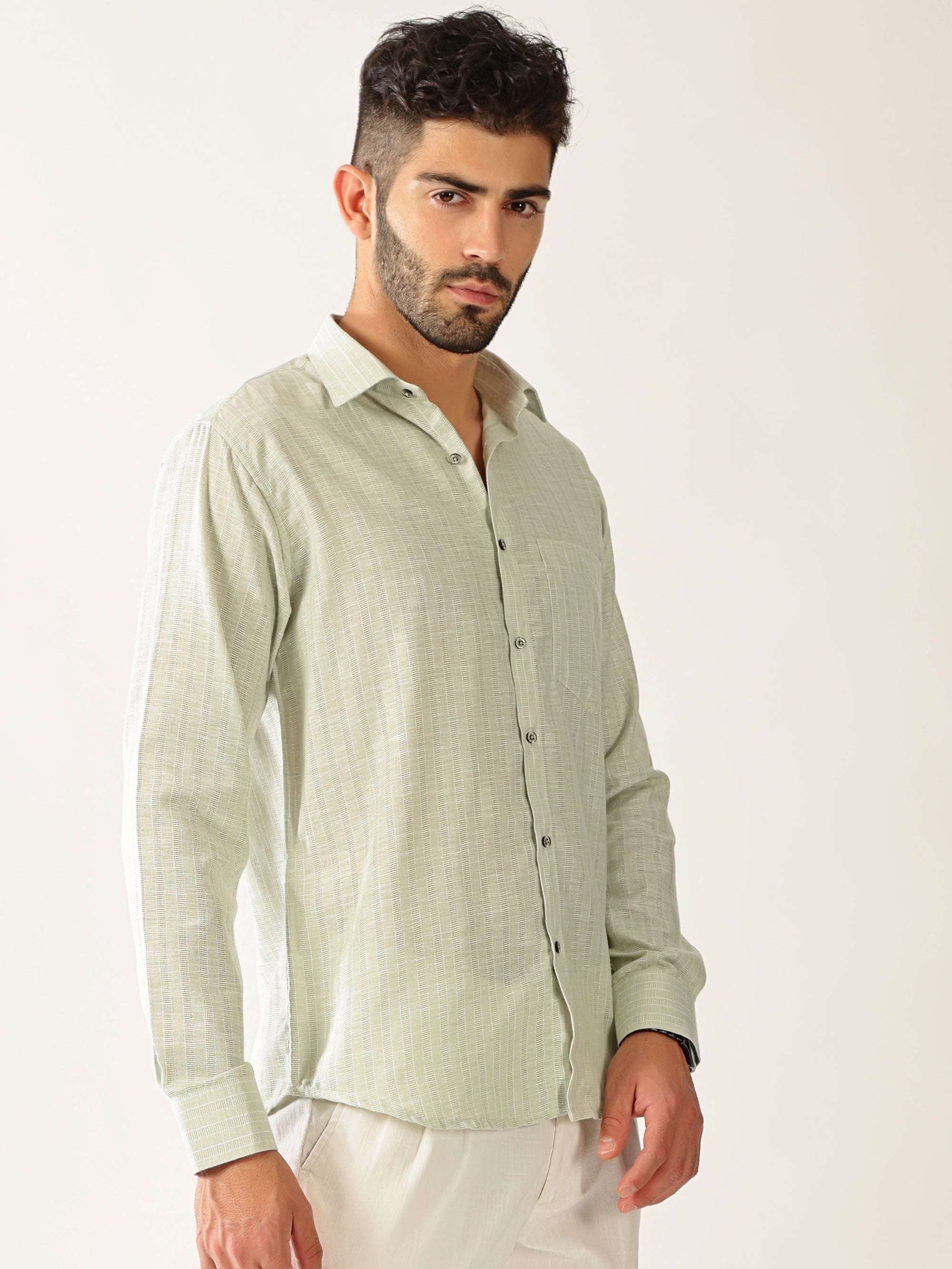 Linen Cotton Formal Stripe Pastel Green Men’s Shirt