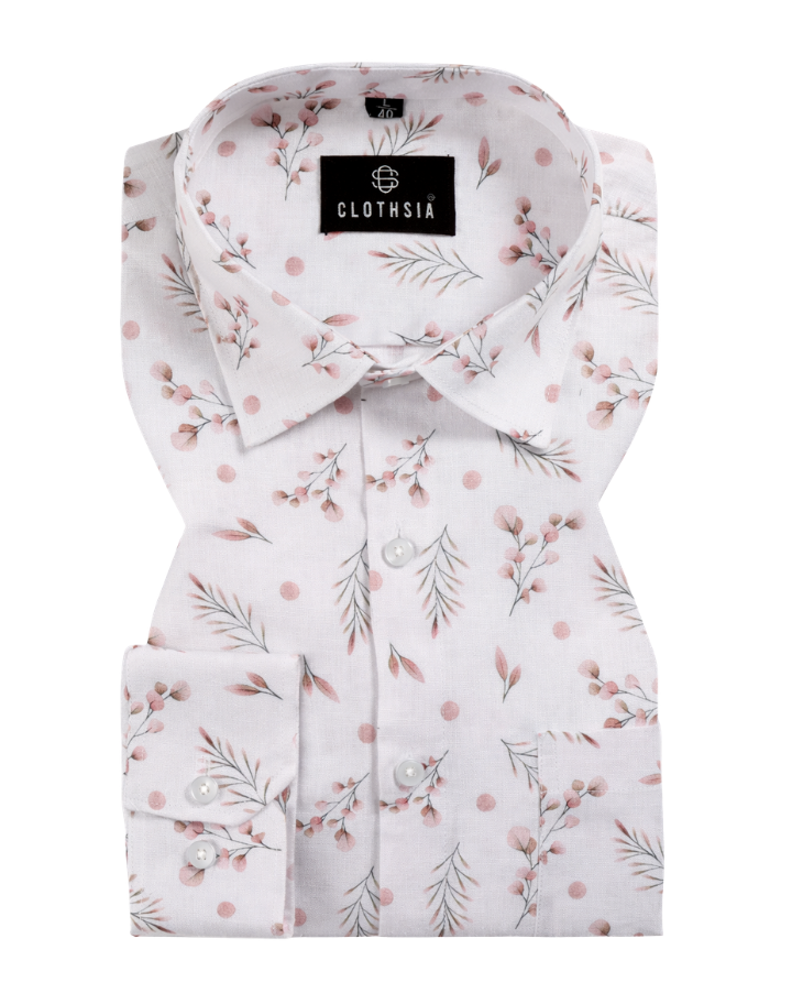 Giza Cotton Leaf Print White With Brown Colour Men Shirt