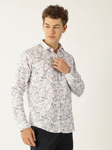 Linen White with Grey Brown Abstract Print Shirt for Men