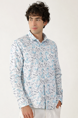Linen White with Sky Grey Abstract Print Shirt for Men