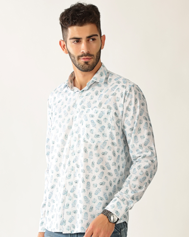 Linen White with Rama Green Print Shirt for Men