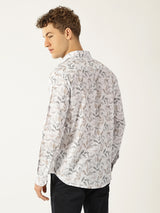 Linen White with Grey Brown Abstract Print Shirt for Men