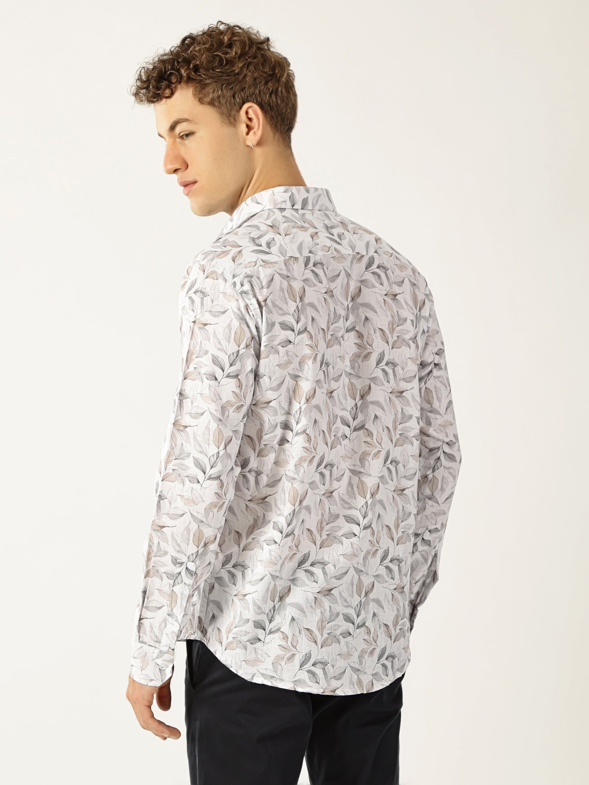 Linen White with Grey Brown Abstract Print Shirt for Men