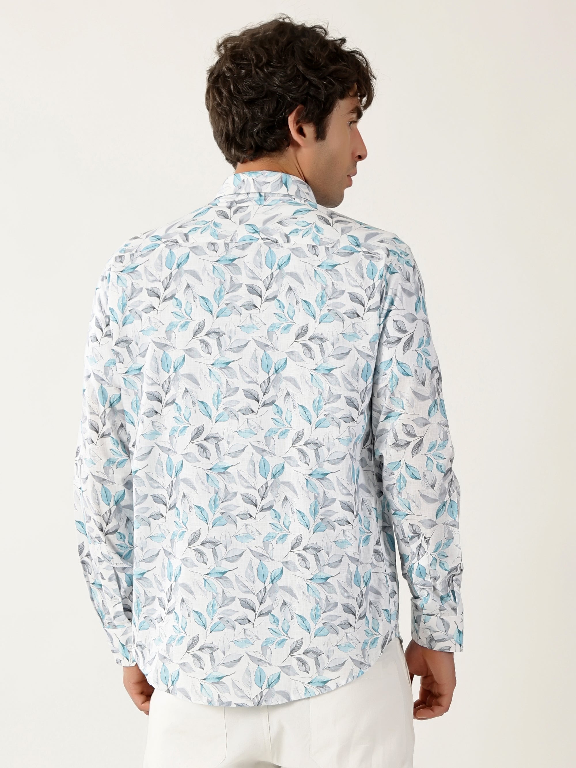 Linen White with Sky Grey Abstract Print Shirt for Men