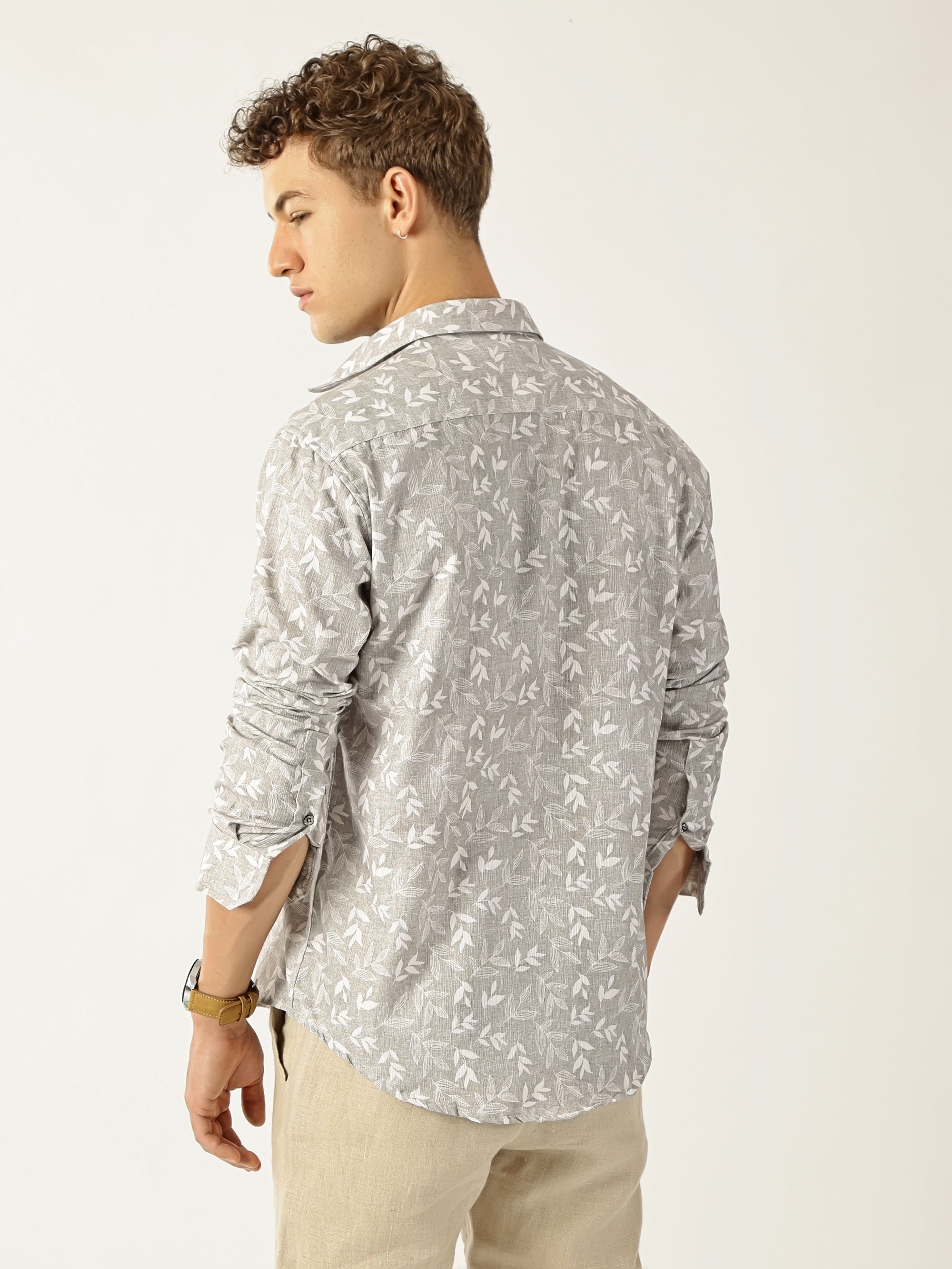 Linen Dusty Brown Botanical Leaf Print Shirt for Men