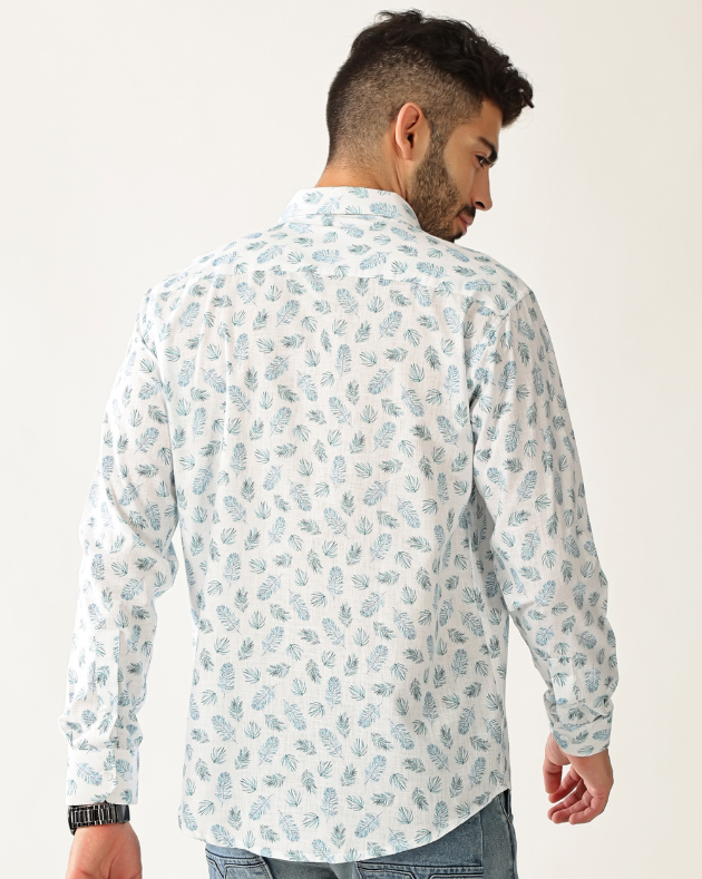Linen White with Rama Green Print Shirt for Men