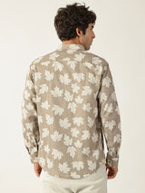 Botanical Leaf Print Cream With Fawn Colour Men’s Shirt