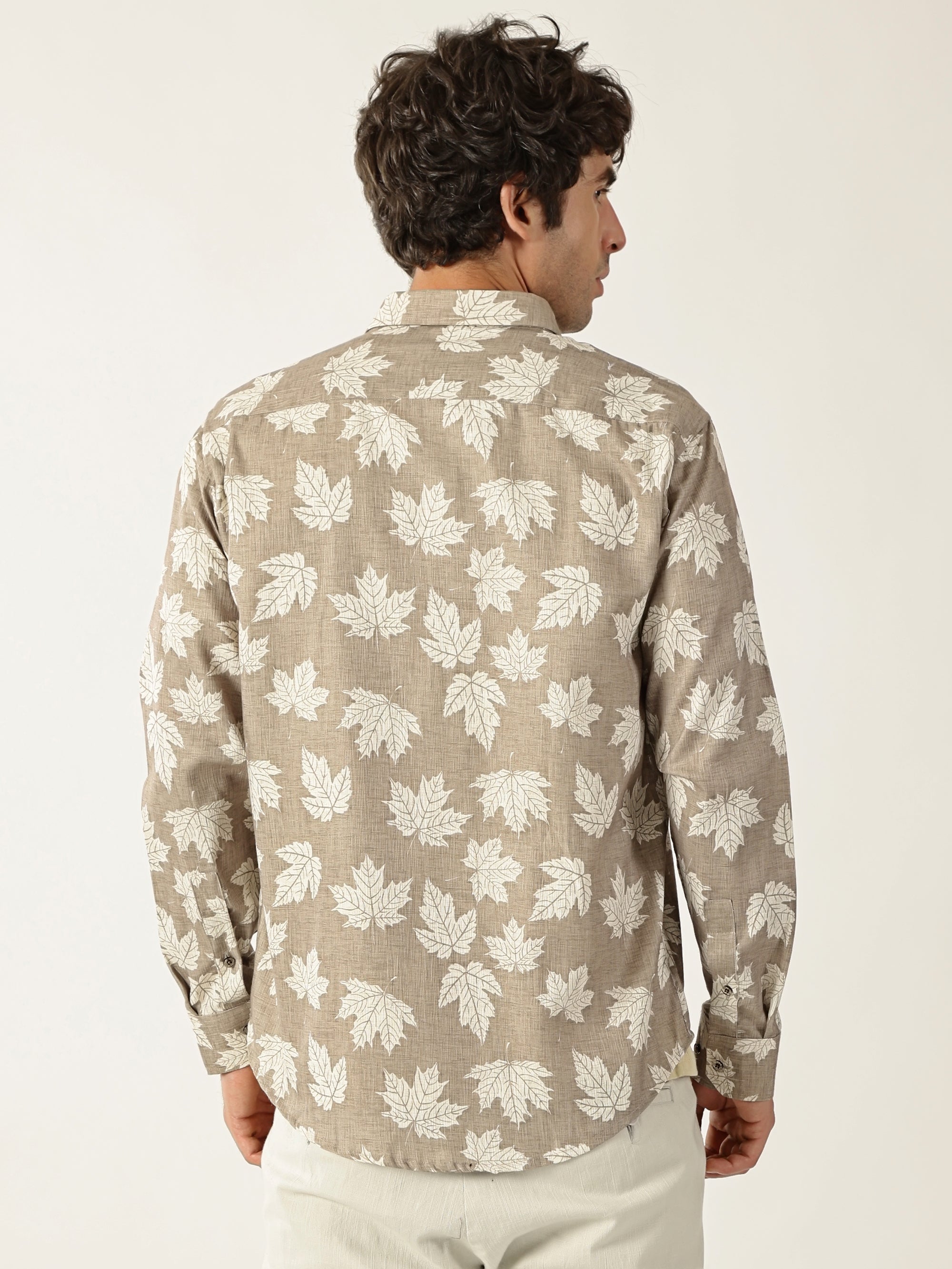 Botanical Leaf Print Cream With Fawn Colour Men’s Shirt