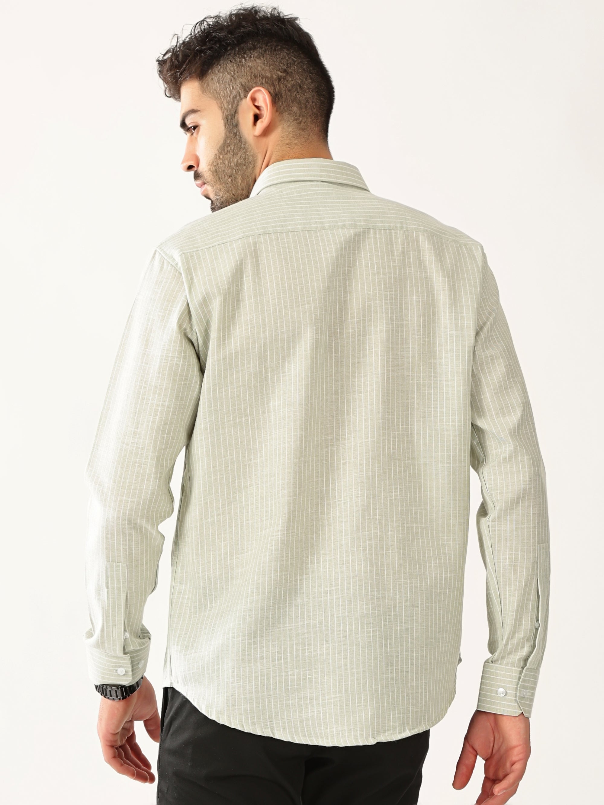 Linen Vertical Small Stripe Green With White Men’s Shirt