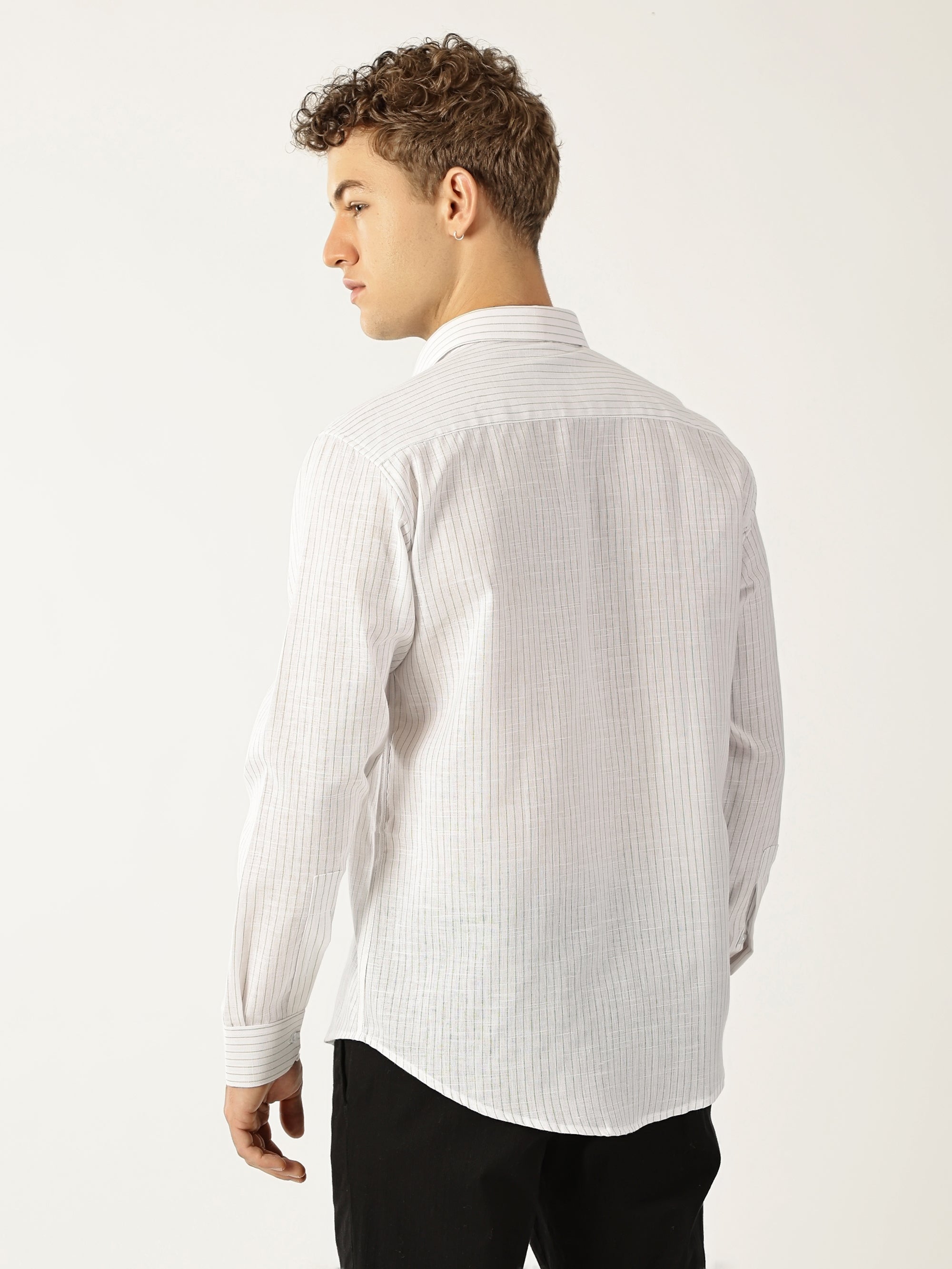 Linen Vertical Small Stripe White With Green Men’s Shirt