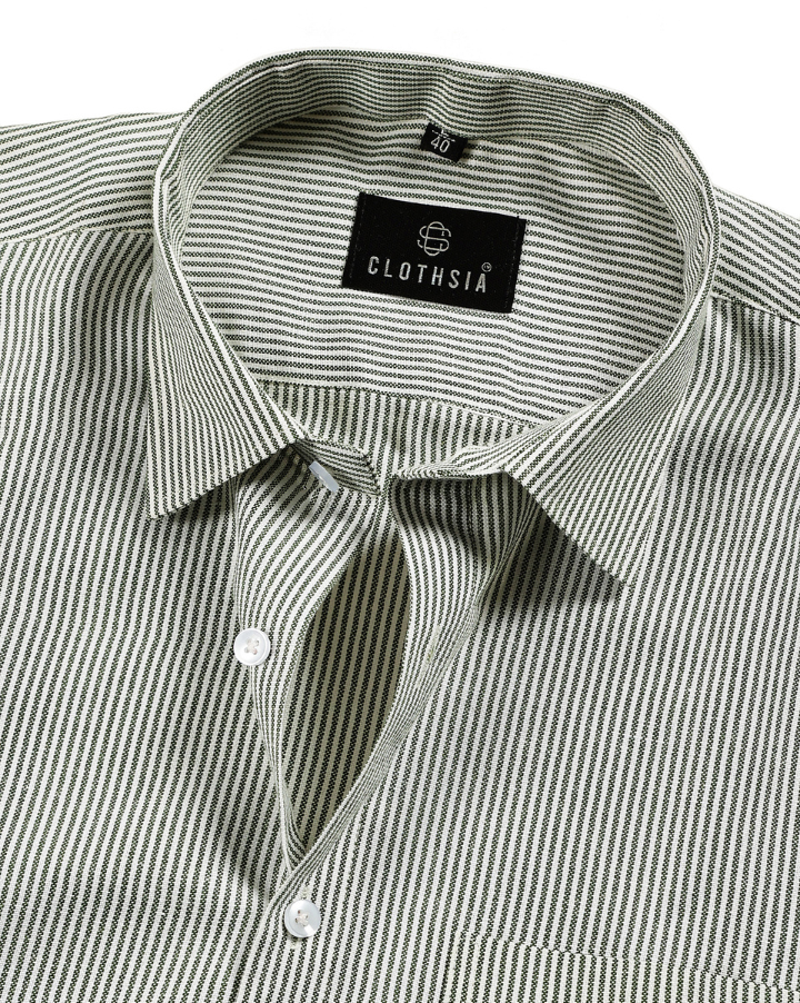 Cotton Small Stripe Green With White Men Shirt