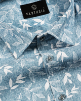 Linen Cotton Botanical Leaf Print Dusty Aqua Colour Men Shirt