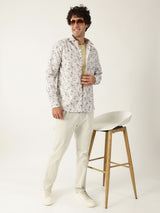 Giza Cotton Leaf Print White With Brown Black Mix Men’s Shirt