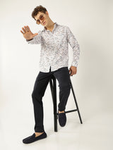 Linen White with Grey Brown Abstract Print Shirt for Men