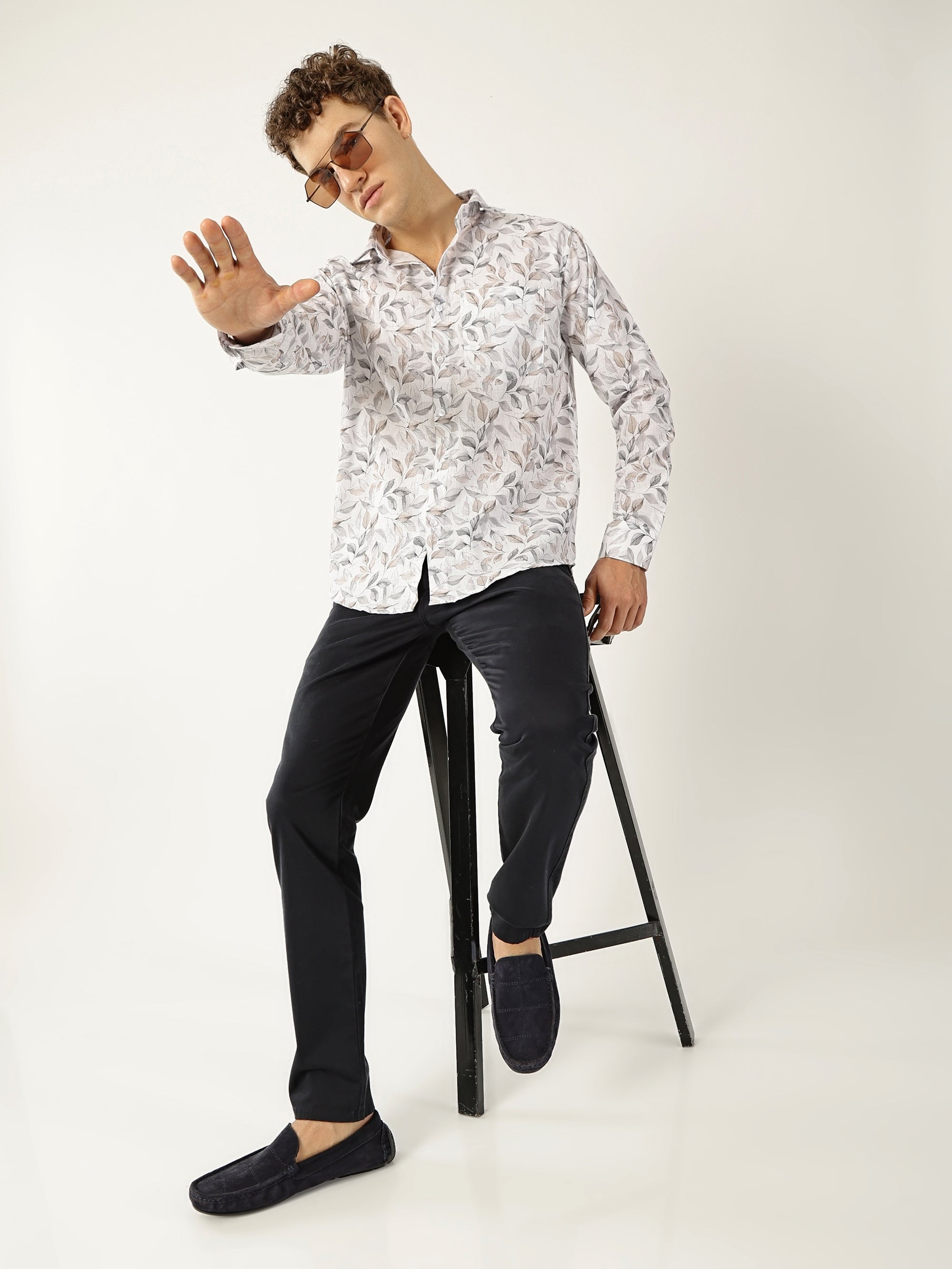Linen White with Grey Brown Abstract Print Shirt for Men