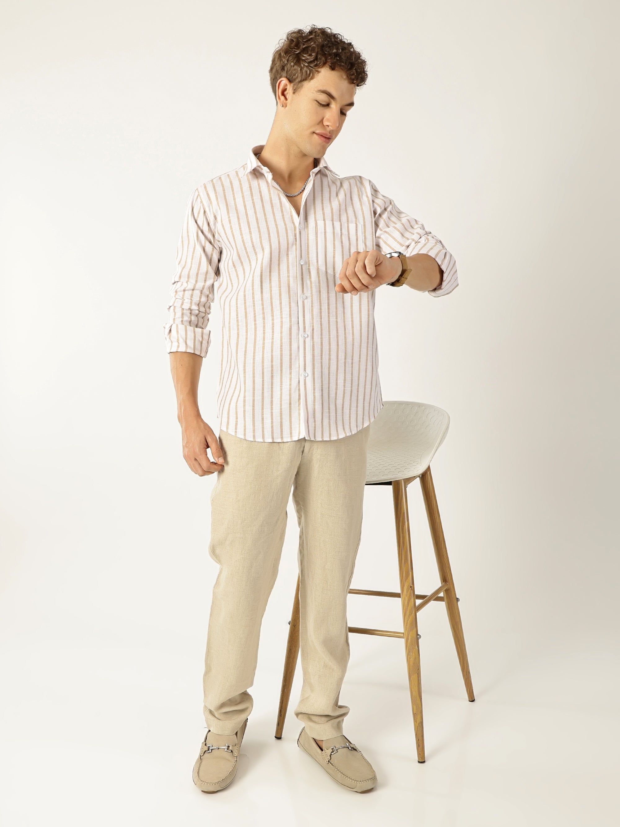 Vertical Stripe White With Beige Colour Men’s Shirt