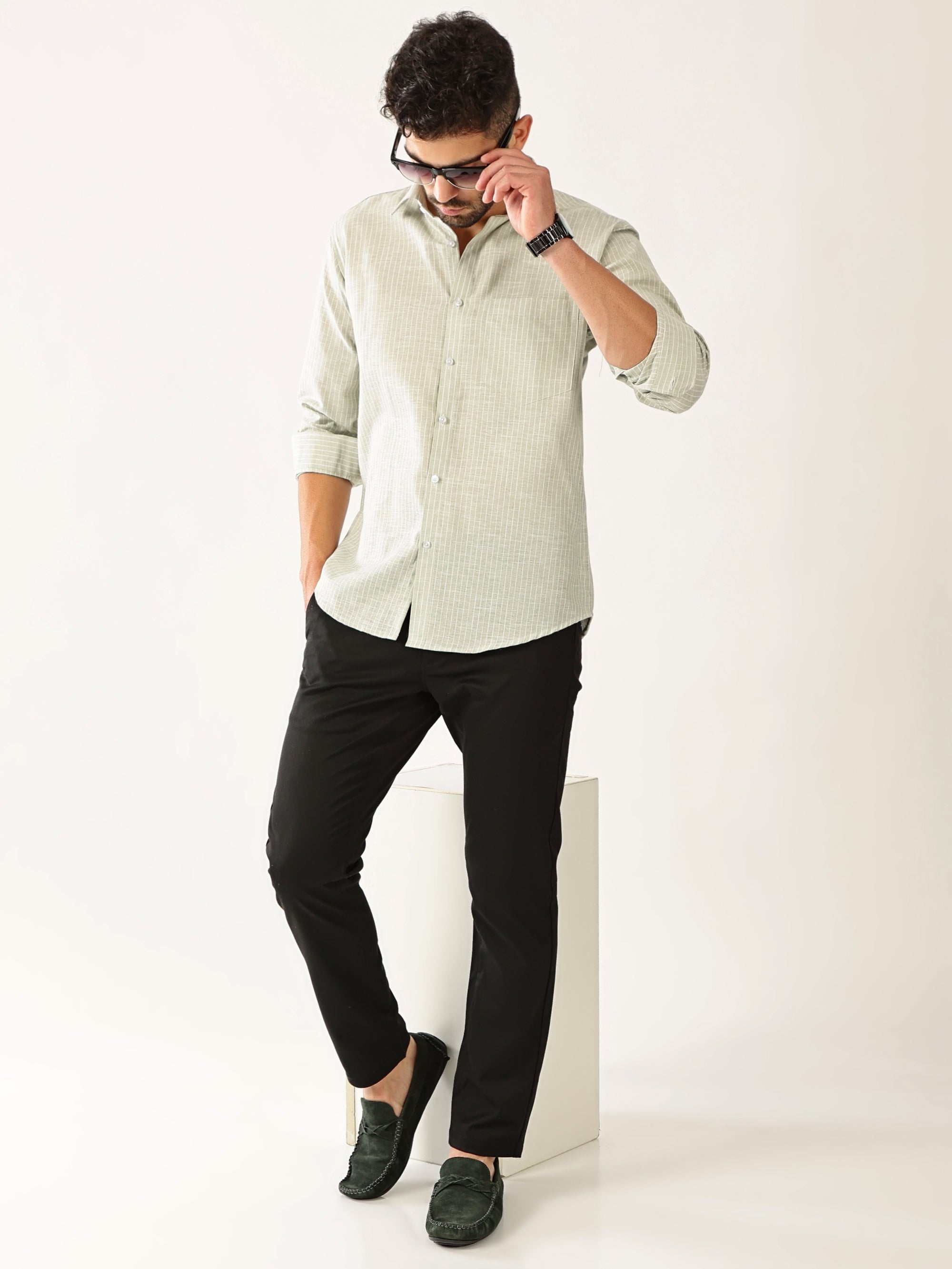 Linen Vertical Small Stripe Green With White Men’s Shirt