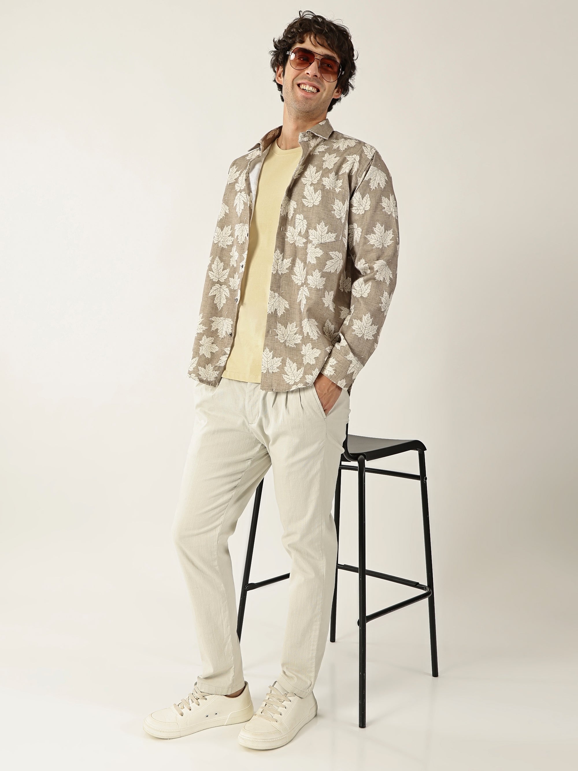 Botanical Leaf Print Cream With Fawn Colour Men’s Shirt