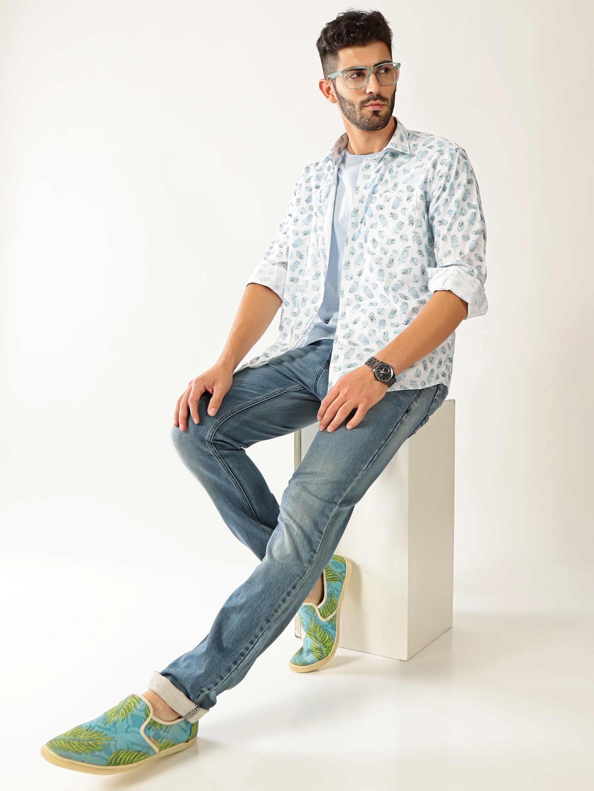 Linen Print White With Rama Green Colour