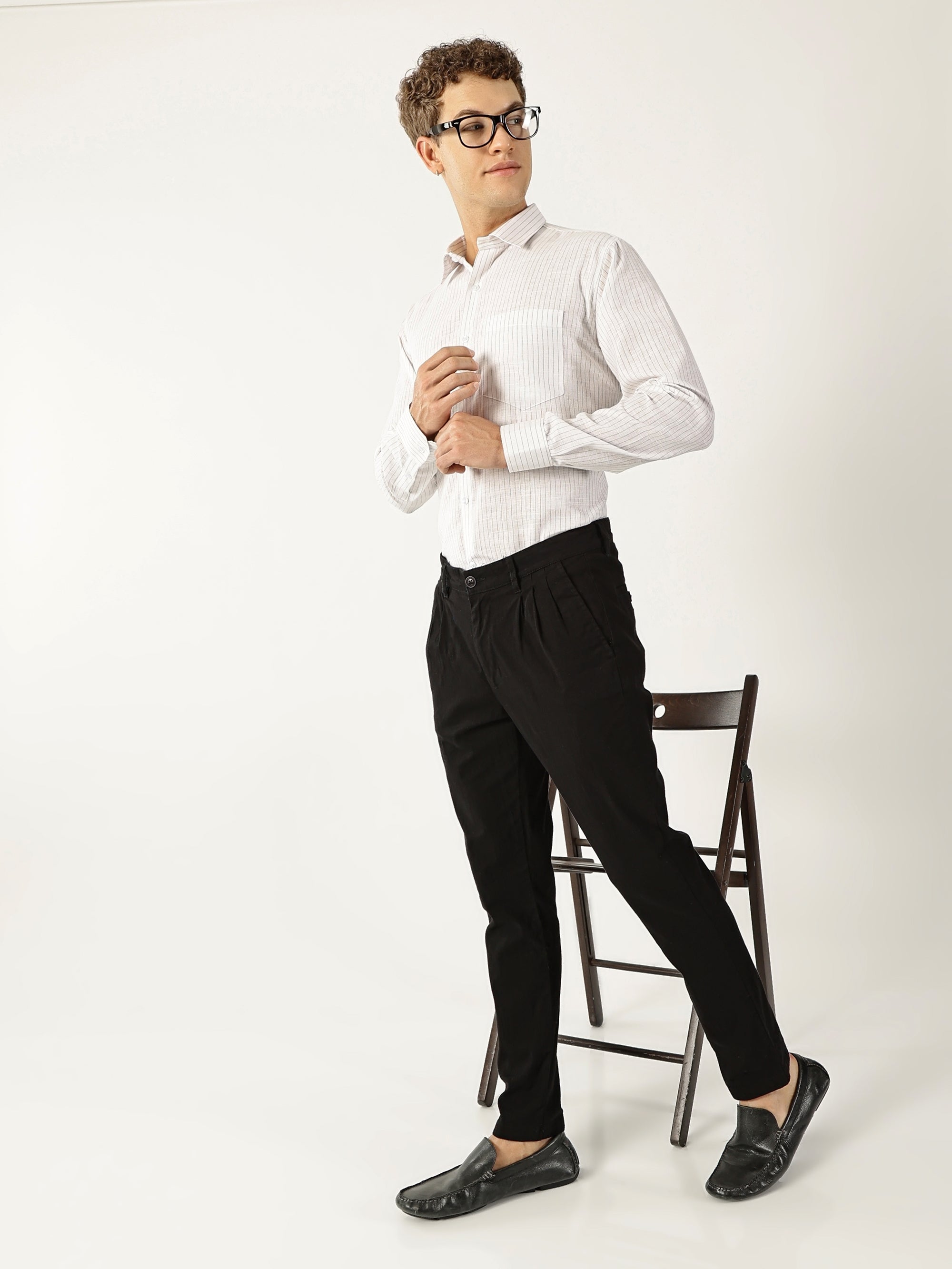 Linen Vertical Small Stripe White With Green Men’s Shirt