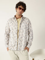 Giza Cotton Leaf Print White With Brown Black Mix Men’s Shirt