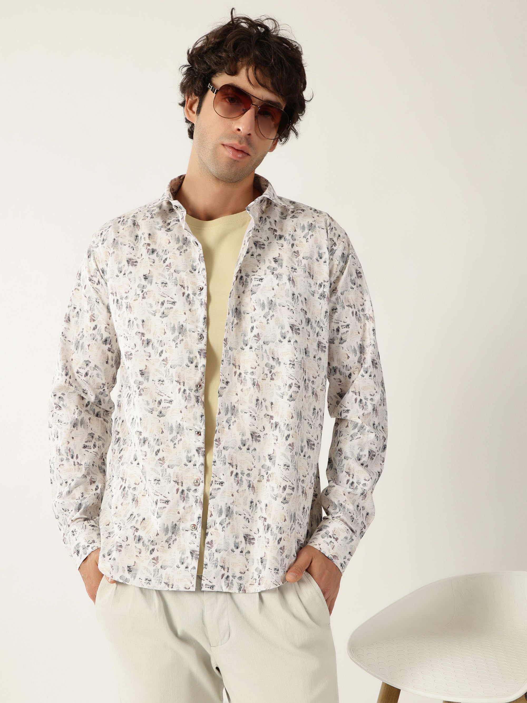 Giza Cotton Leaf Print White With Brown Black Mix Men’s Shirt