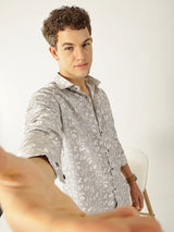 Linen Dusty Brown Botanical Leaf Print Shirt for Men