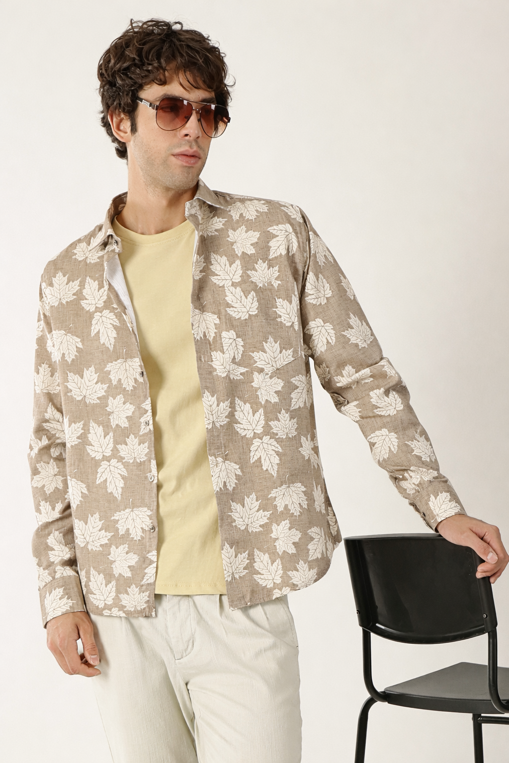 Botanical Leaf Print Cream With Fawn Colour Men’s Shirt