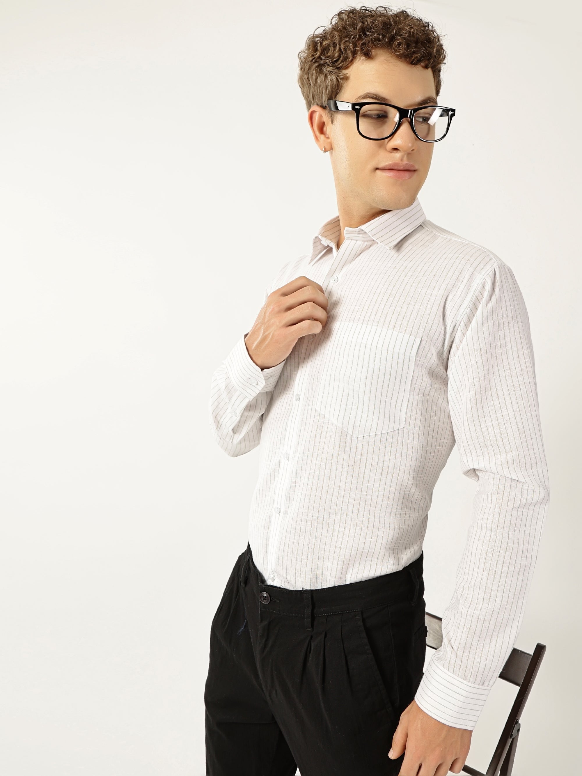 Linen Vertical Small Stripe White With Green Men’s Shirt