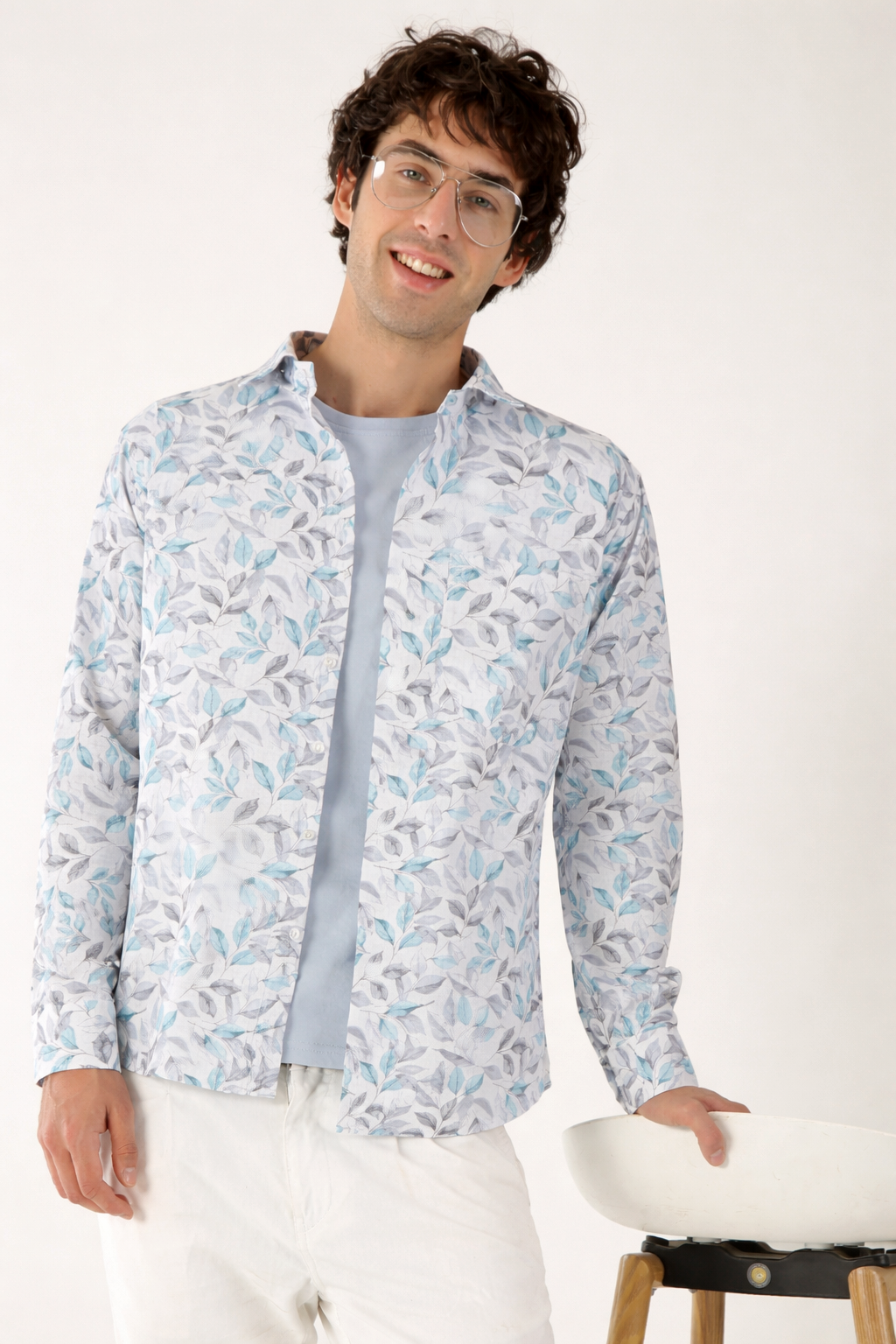 Linen White with Sky Grey Abstract Print Shirt for Men