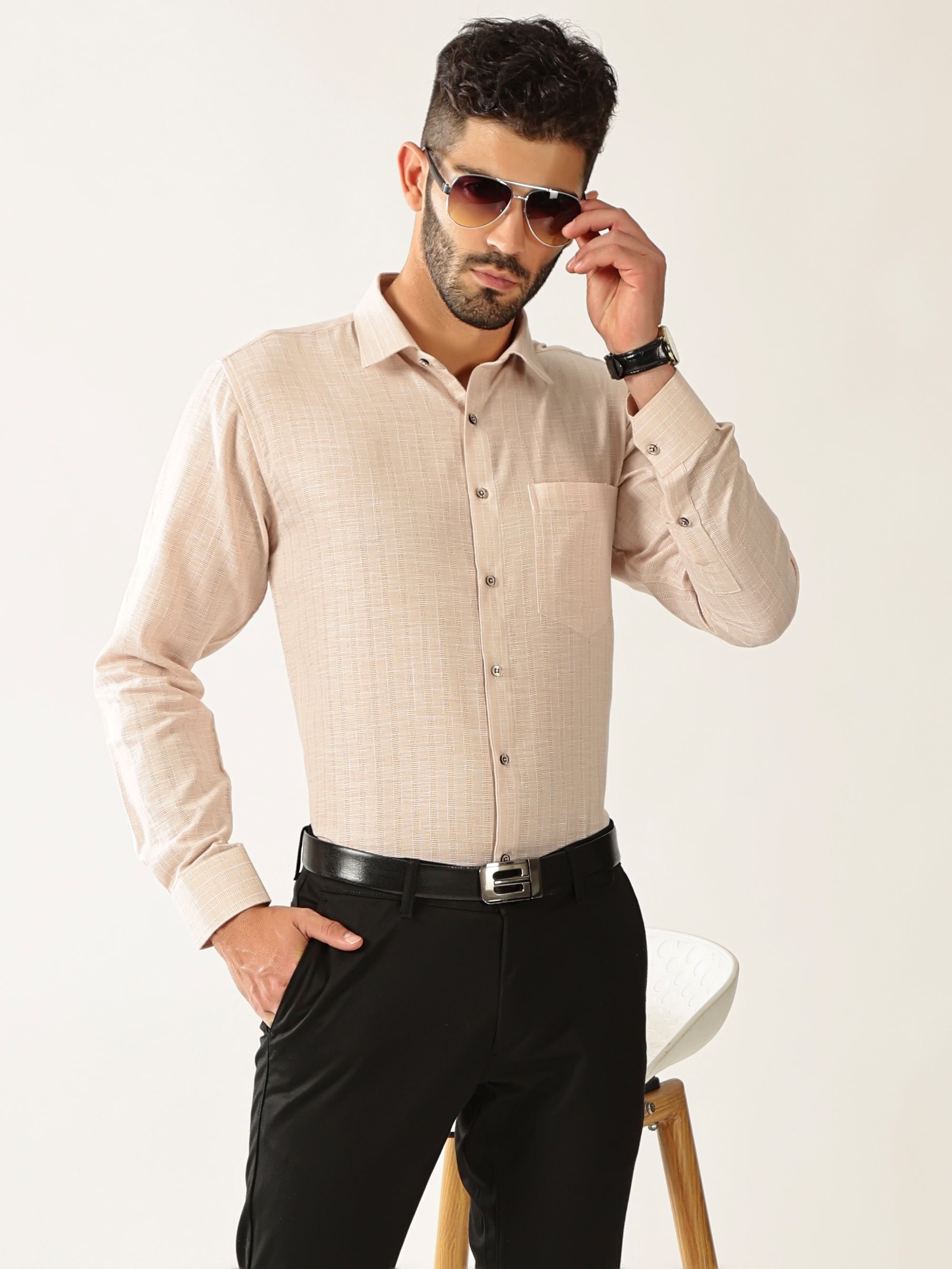 Linen Cotton Formal Stripe Peach Colour Men’s Shirt