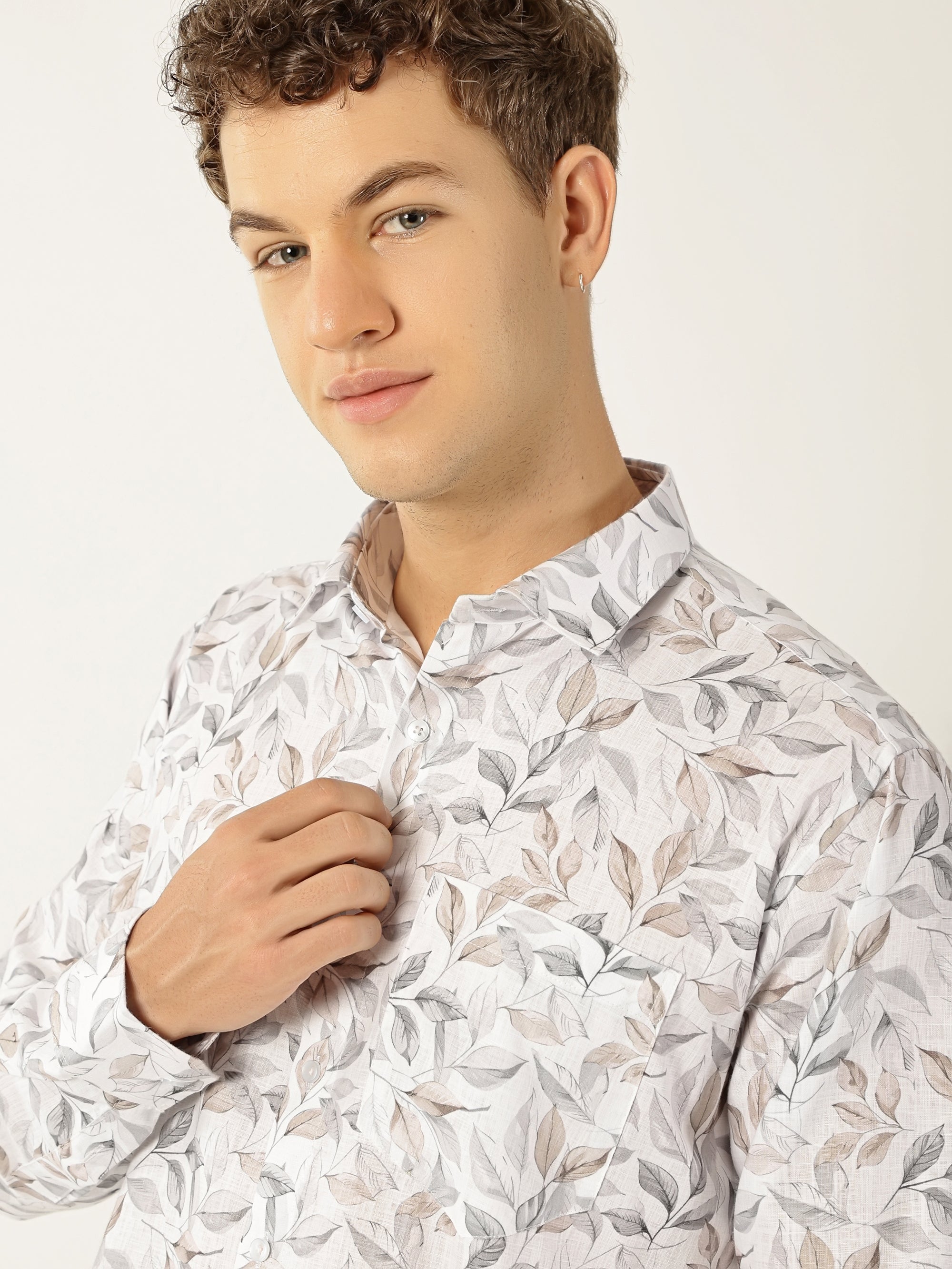 Linen White with Grey Brown Abstract Print Shirt for Men
